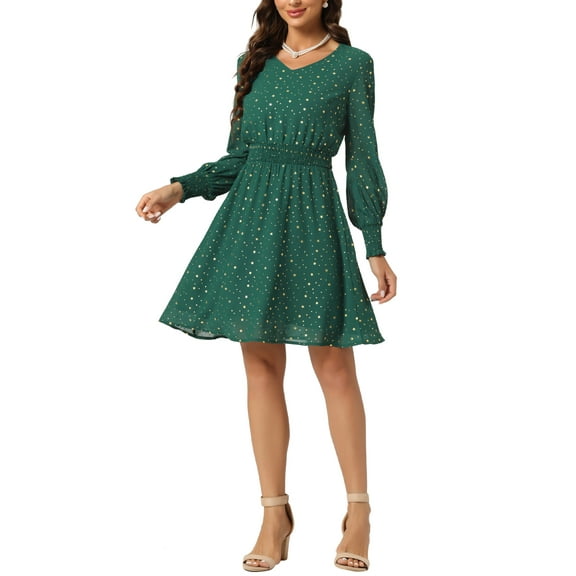 INSPIRE CHIC Women's Smocked Waist Chiffon Long Sleeve Shiny Star Dress XS Dark Green