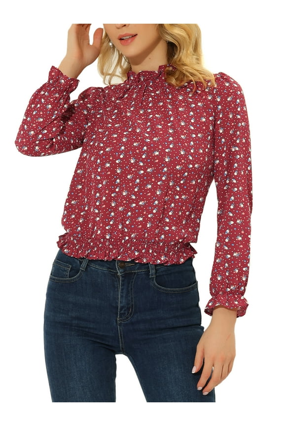 Women's Smocked Waist Ruffled Hem Stand Collar Floral Dotted Blouse S Dark Red
