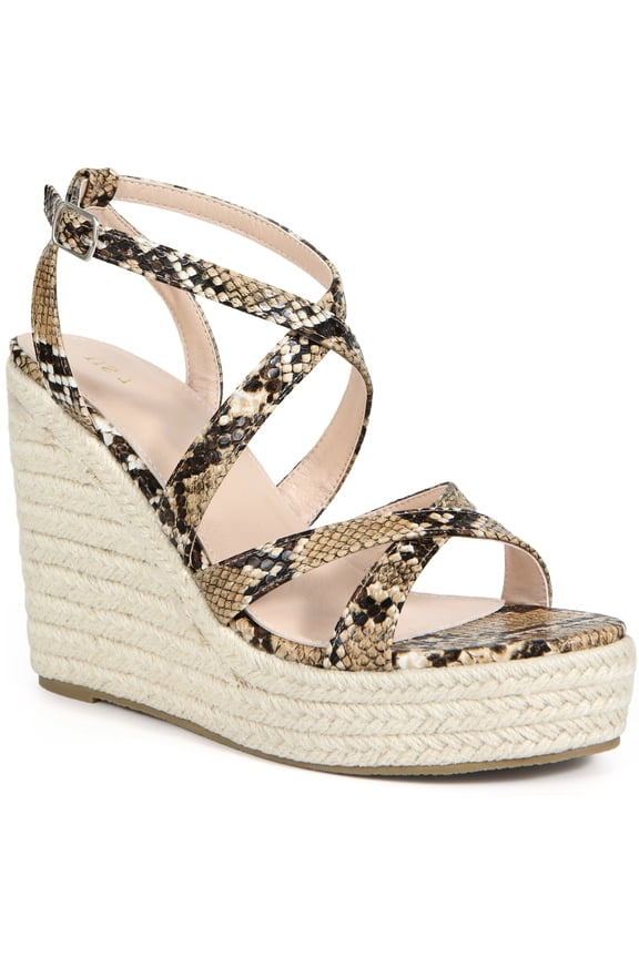 Women's Snake Print Platform Slingback Strappy Espadrille Wedge Heel Sandals Khaki 6