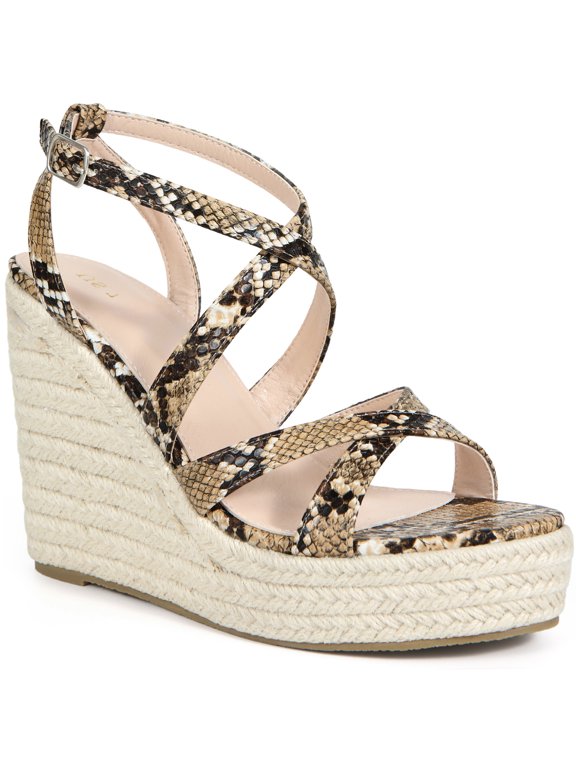 Women's Back to School Snake Print Platform Slingback Strappy Espadrille Wedge Heel Sandals Khaki 8