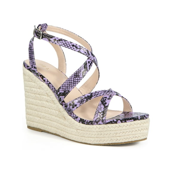 BLISSFUL STEP Women's Snake Print Platform Slingback Strappy Espadrille Wedge Heel Sandals Purple 9