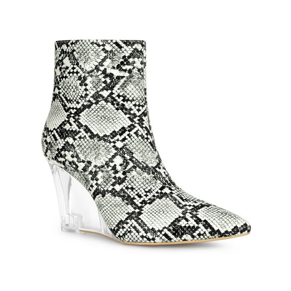 BLISSFUL STEP Women's Ankle Boots Snake Pointed Toe Print Clear Wedge Heel Side Zip Boots Black White Snake 7