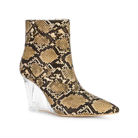 BLISSFUL STEP Women's Ankle Boots Snake Pointed Toe Print Clear Wedge Heel Side Zip Boots Brown Snake 7