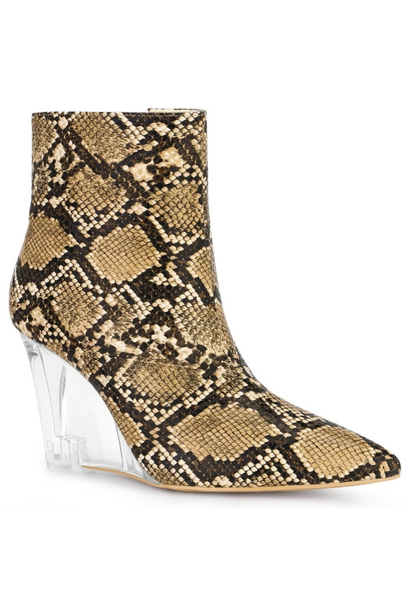 Women's Ankle Boots Snake Pointed Toe Print Clear Wedge Heel Side Zip Boots Brown Snake 7