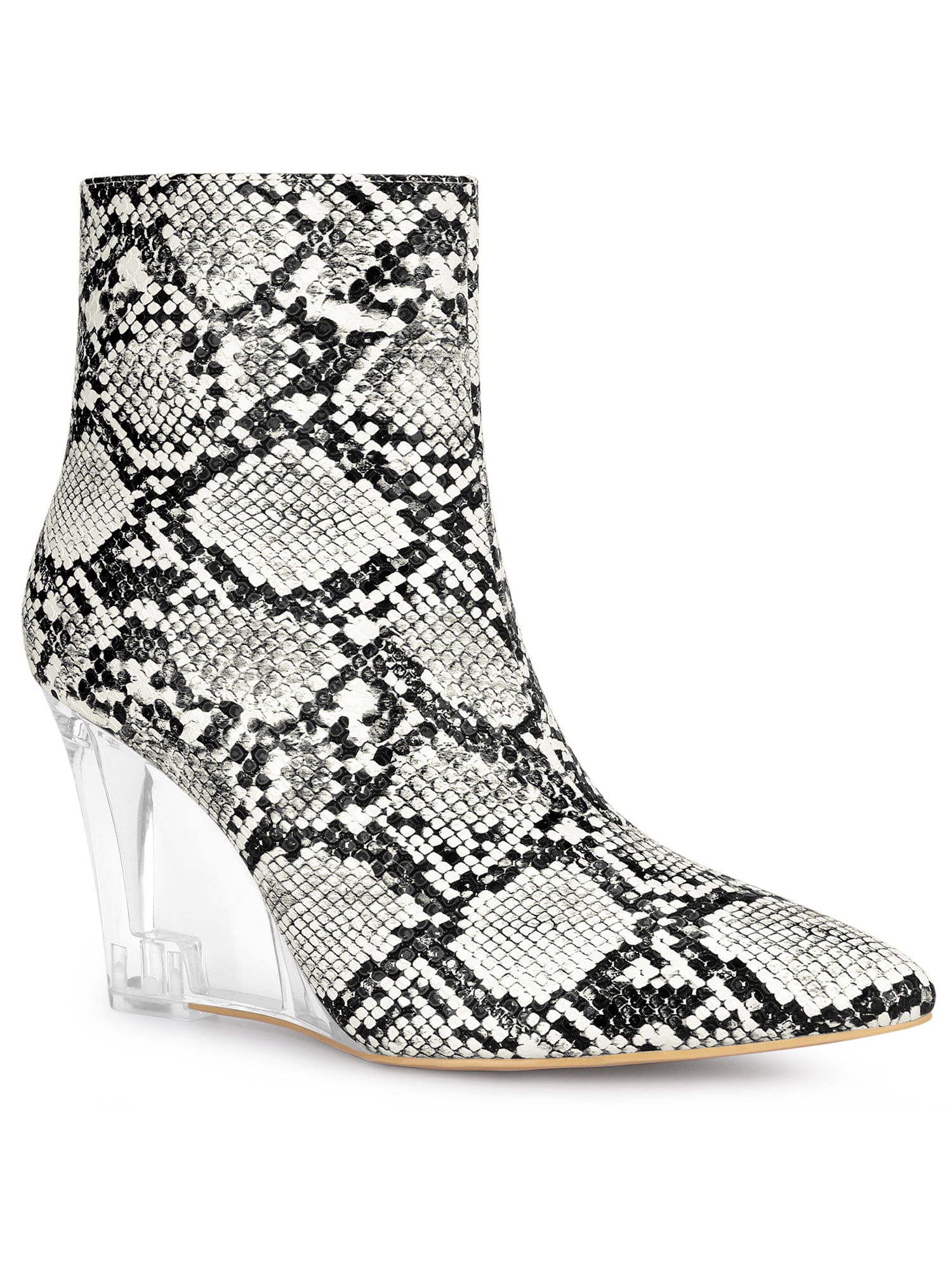 BLISSFUL STEP Women's Snake Print Clear Wedge Heels Ankle Boots
