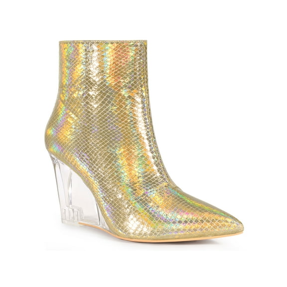 BLISSFUL STEP Women's Ankle Boots Snake Pointed Toe Print Clear Wedge Heel Side Zip Boots Gold Snake 7