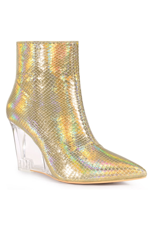 Women's Ankle Boots Snake Pointed Toe Print Clear Wedge Heel Side Zip Boots Gold Snake 10