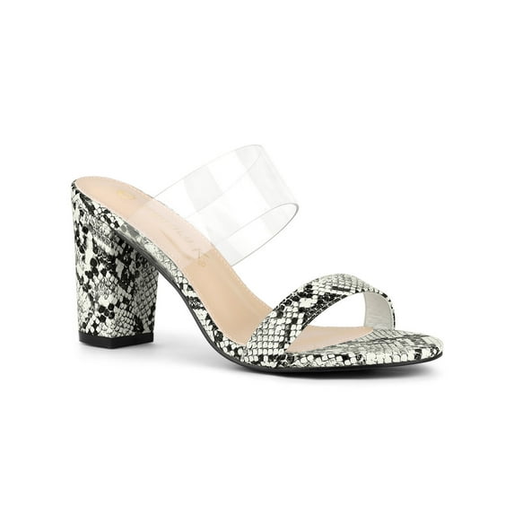 BLISSFUL STEP Women's Snake Print Snakeskin Block Heels Sandals White Snakeskin 6