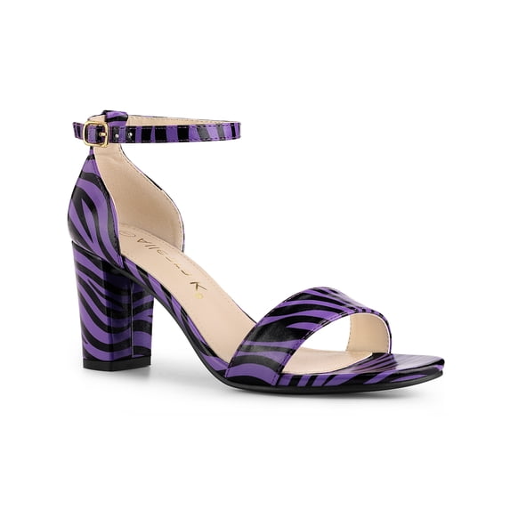 BLISSFUL STEP Women's Snake Printed Block Heel Ankle Strap Sandals Black Purple 8.5