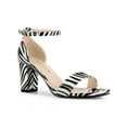 thumbnail image 1 of BLISSFUL STEP Women's Snake Printed Block Heel Ankle Strap Sandals Black White 7, 1 of 7