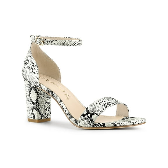 BLISSFUL STEP Women's Snake Printed Block Heel Ankle Strap Sandals White Snake 7.5