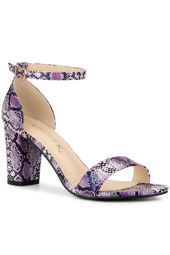 Women's Snake Printed Block Heel Ankle Strap Sandals Purple Snake 7