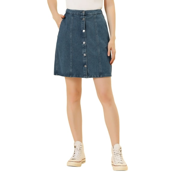 INSPIRE CHIC Women's Denim Skirts A-Line High Waist Button Front Mother's Day Casual Jean Skirt Dark Blue M