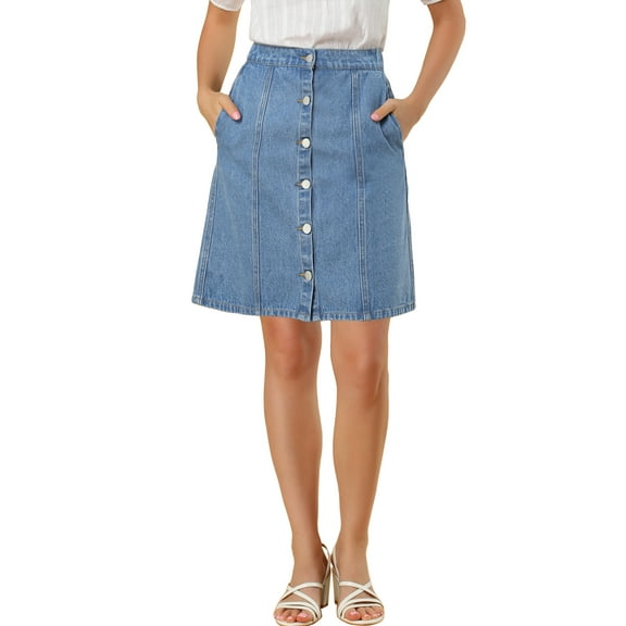 INSPIRE CHIC Women's Denim Skirts Solid Color A-Line Raw Hem High Waist Button Front Casual Jean Skirt M Light Blue