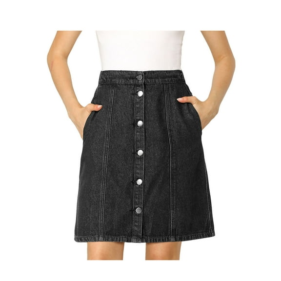 INSPIRE CHIC Women's Denim Skirts Solid Color A-Line High Waist Button Front Casual Jean Skirt S Black