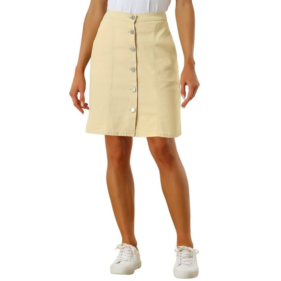 INSPIRE CHIC Women's Denim Skirts Solid Color A-Line Raw Hem High Waist Button Front Casual Jean Skirt S Khaki