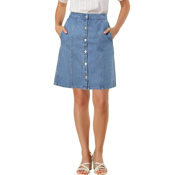 INSPIRE CHIC Women's Denim Skirts A-Line High Waist Button Front Casual Jean Skirt Light Blue S