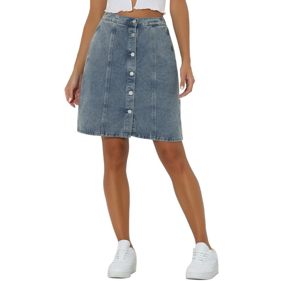 INSPIRE CHIC Women's Denim Skirts Solid Color A-Line High Waist Button Front Casual Jean Skirt L Light Grey Blue