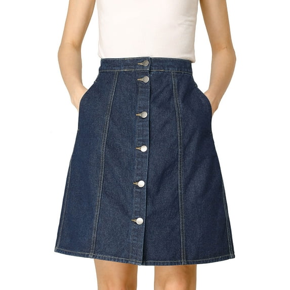 INSPIRE CHIC Women's Denim Skirts Solid Color A-Line High Waist Button Front Casual Jean Skirt XL Navy Blue
