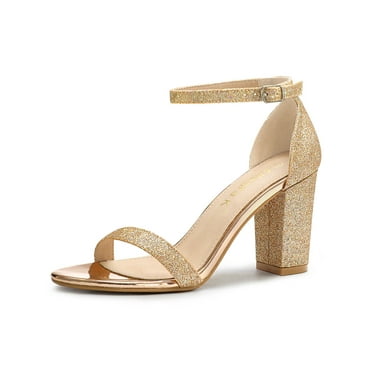 BLISSFUL STEP Women's Open Toe Ankle Strap Buckle Block Heels Glitter Sandals Gold 8.5