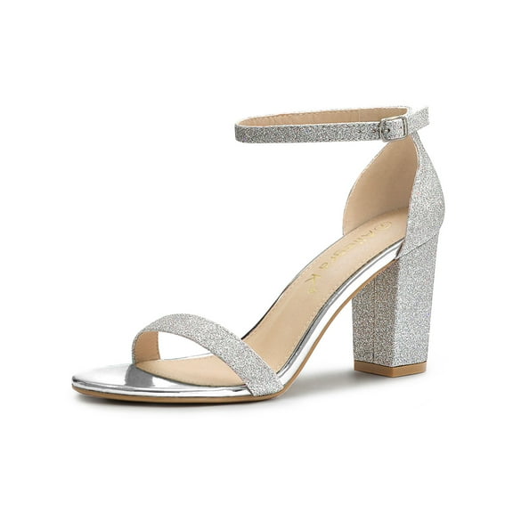 BLISSFUL STEP Women's Shoes Ankle Strap Open Toe Block Heel Glitter Party Sandals Silver 8