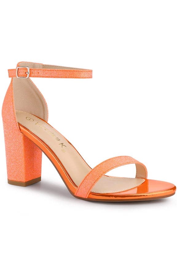 Women's Shoes Ankle Strap Open Toe Block Heel Glitter Party Sandals Orange 7