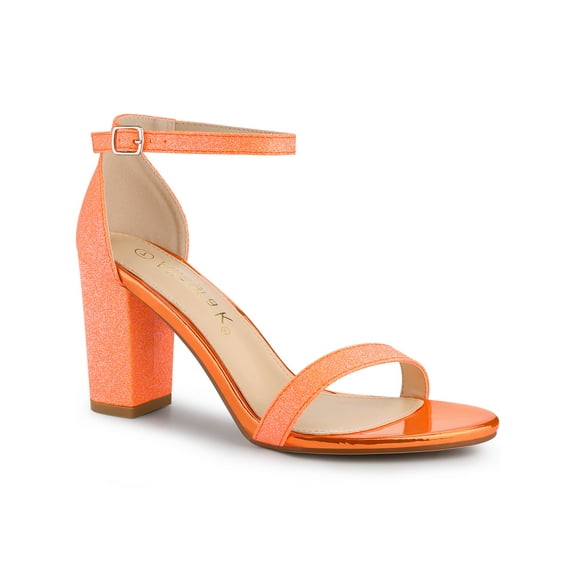 BLISSFUL STEP Women's Shoes Ankle Strap Open Toe Block Heel Glitter Party Sandals Orange 5.5