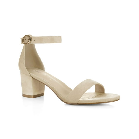 BLISSFUL STEP Women's Shoes Open Toe Mid Block Heel Ankle Strap Faux Suede Sandals Beige 7