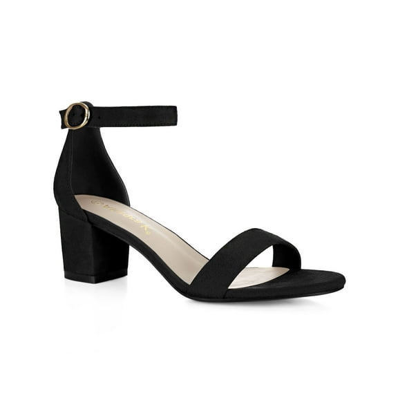 BLISSFUL STEP Women's Shoes Open Toe Mid Block Heel Ankle Strap Faux Suede Sandals Black 10