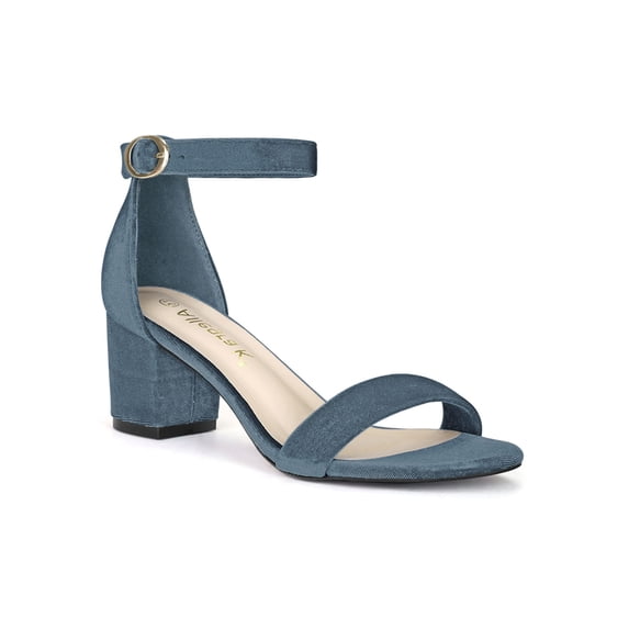 BLISSFUL STEP Women's Shoes Open Toe Mid Block Heel Ankle Strap Faux Suede Sandals Blue 8.5