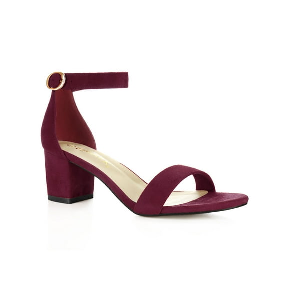 BLISSFUL STEP Women's Shoes Open Toe Mid Block Heel Ankle Strap Faux Suede Sandals Burgundy 9