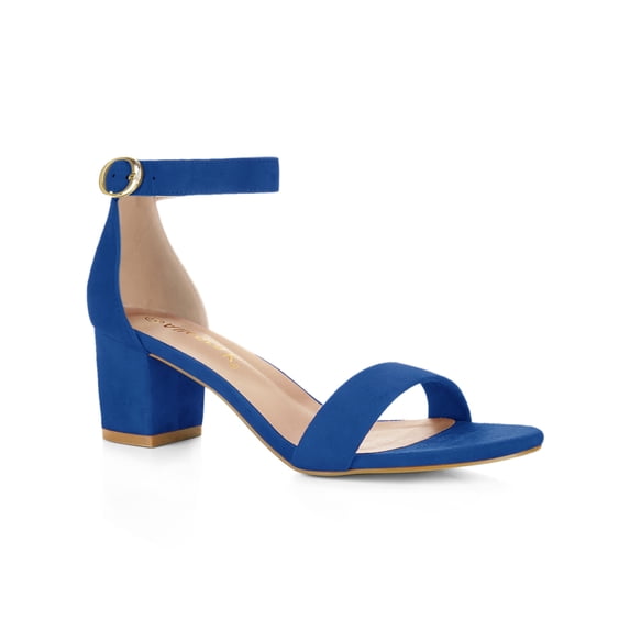 BLISSFUL STEP Women's Shoes Open Toe Mid Block Heel Ankle Strap Faux Suede Sandals Dark Blue 10.5