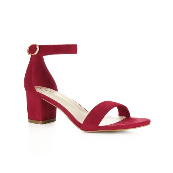 BLISSFUL STEP Women's Shoes Open Toe Mid Block Heel Ankle Strap Faux Suede Sandals Deep Red 5