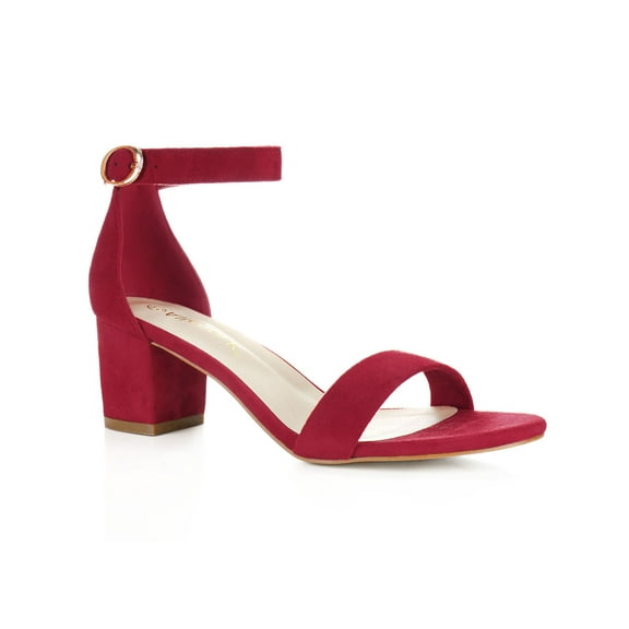 BLISSFUL STEP Women's Shoes Open Toe Mid Block Heel Ankle Strap Faux Suede Sandals Deep Red 6