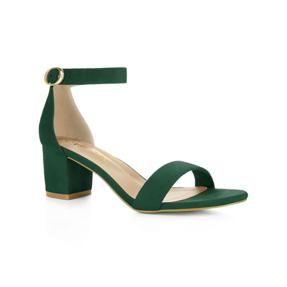 BLISSFUL STEP Women's Shoes Open Toe Mid Block Heel Ankle Strap Faux Suede Sandals Emerald Green 6