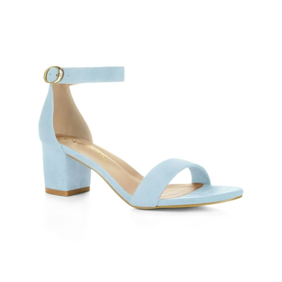 BLISSFUL STEP Women's Solid Color Open Toe Mid Block Heel Buckle Ankle Strap Sandals Sky Blue 10.5