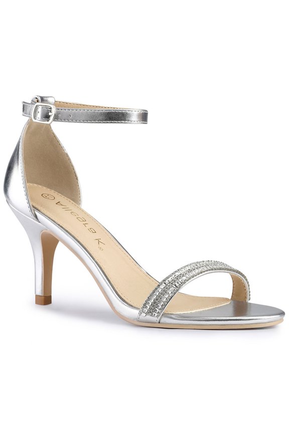 Women's Solid Color Open Toe Rhines Ankle Strap Stiletto Sandals Silver 6