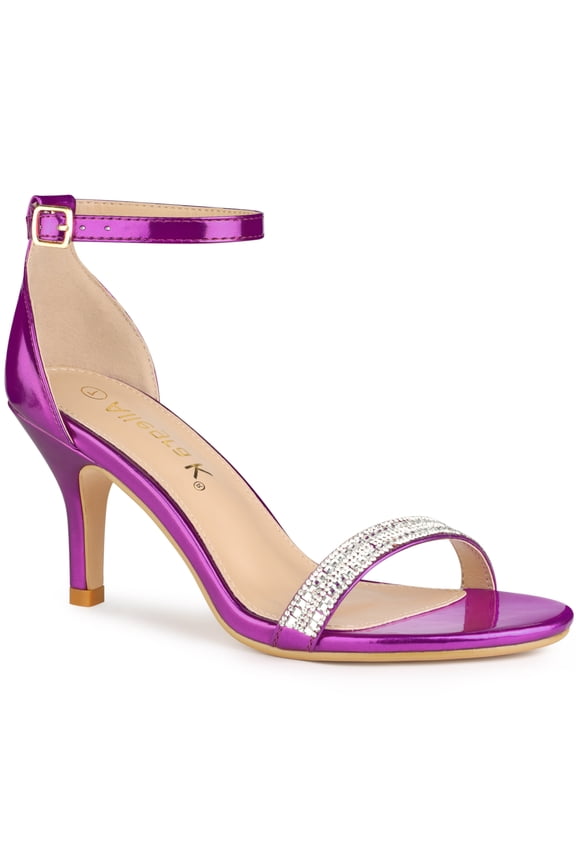 Women's Solid Color Open Toe Rhines Ankle Strap Stiletto Sandals Purple 7