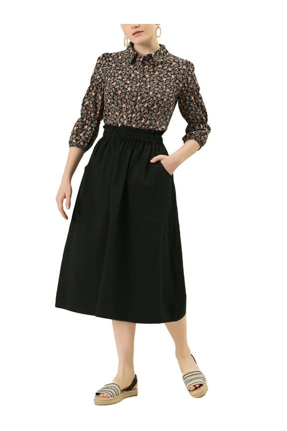 Women's Cotton Skirt Elastic Waist Casual Peasant A-Line Midi Skirts with Pockets XL Black