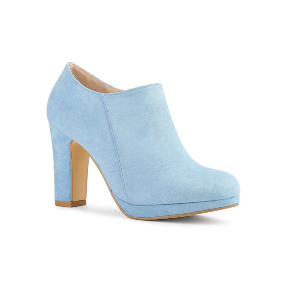 BLISSFUL STEP Women's Ankle Boots Faux Suede Round Toe Block High Heel Side Zipper Shoes Sky Blue 5.5