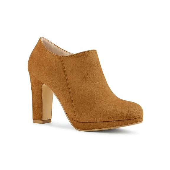 BLISSFUL STEP Women's Ankle Boots Faux Suede Round Toe Block High Heel Side Zipper Shoes Brown 5.5