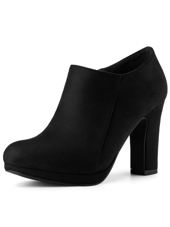 Women's Ankle Boots Faux Suede Round Toe Block High Heel Side Zipper Shoes Black 6