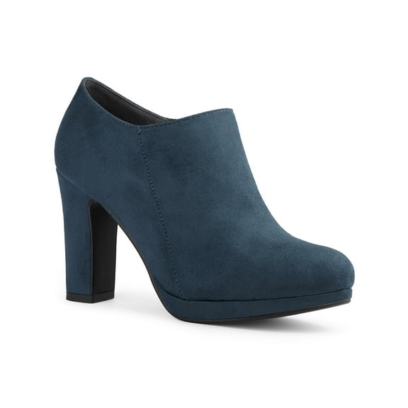 BLISSFUL STEP Women's Ankle Boots Faux Suede Round Toe Block High Heel Side Zipper Shoes Navy Blue 7
