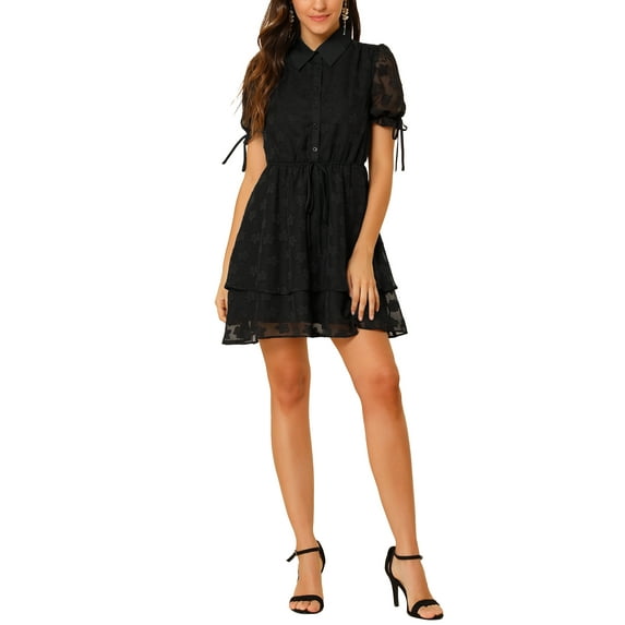 INSPIRE CHIC Women's Dress Peter Pan Collar Ruffle Cuff A-Line Layered Dress 3XL Black