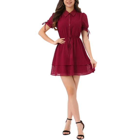 INSPIRE CHIC Women's Solid Color Short Sleeve Casual A-Line Shirt Dress L Dark Red