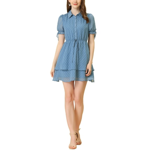 Allegra K Women's Solid Color Short Sleeve Casual A-Line Shirt Dress M Grey Blue