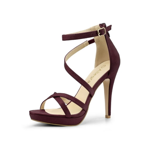 BLISSFUL STEP Women's Shoes Strappy Stiletto Heels Platform Ankle Strap Open Toe Faux Suede Sandals Burgundy 7
