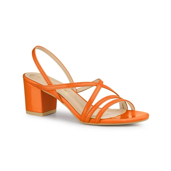 BLISSFUL STEP Women's Solid Color Strappy Slingback Block High Heels Sandals Orange 9.5