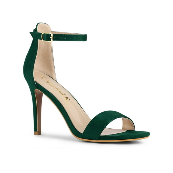 BLISSFUL STEP Women's Shoes Stiletto High Heels Ankle Strap Open Toe Faux Suede Sandals Dark Green 7