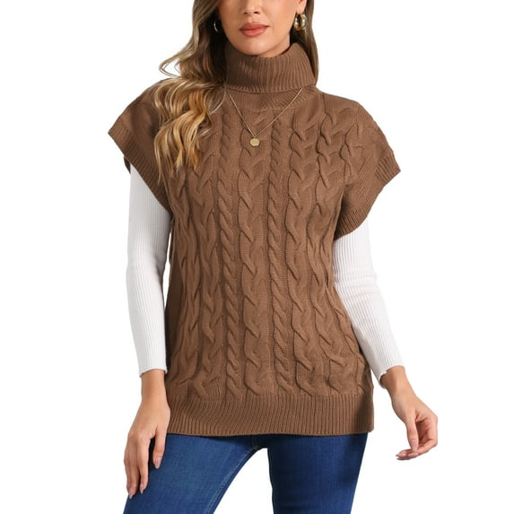 INSPIRE CHIC Women's Sweater Solid Color Turtleneck Vest Cap Sleeve Pullover Cable Knit Sweaters XL Brown